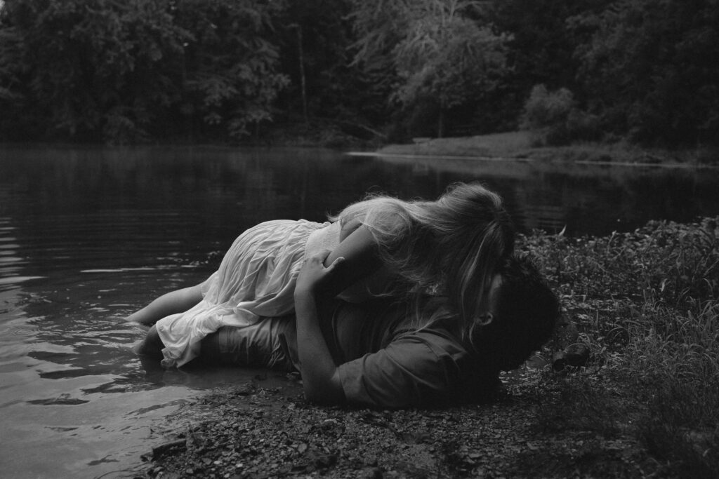 Romantic engagement photos by the lake in Southern Indiana