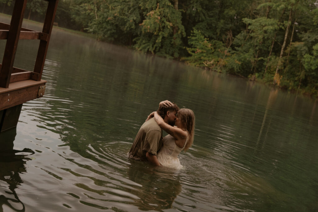 Romantic engagement photos by the lake in Southern Indiana